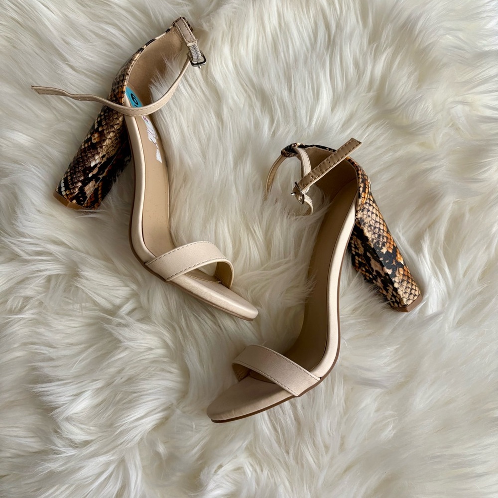 Beige and Snake Print Block Heel Sandals